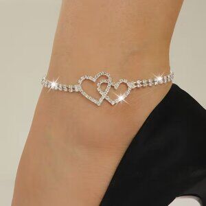 Double Heart Shaped Sparkling Anklet Modern New